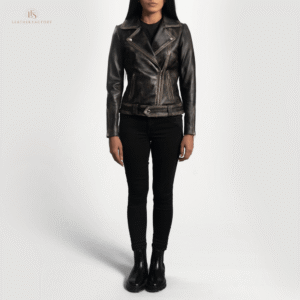 Woman wearing The Vanguard vintage brown sheepskin leather biker coat featuring an extended coat length, sharp notch lapel, and zippered cuffs.