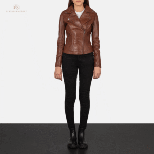 Woman wearing The Onyx wooden brown sheepskin leather biker jacket featuring shoulder epaulettes, zipper cuffs, and a sharp notch lapel.