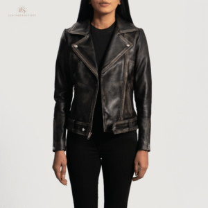 Woman wearing The Vanguard vintage brown sheepskin leather biker coat featuring an extended coat length, sharp notch lapel, and zippered cuffs.