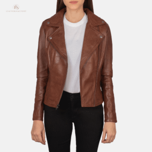 Woman wearing The Onyx wooden brown sheepskin leather biker jacket featuring shoulder epaulettes, zipper cuffs, and a sharp notch lapel.