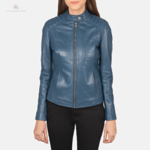 Woman wearing blue sheepskin leather slim fit biker jacket featuring quilted shoulders and a band collar with snap button.