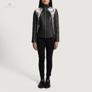 Women’s black and grey leather jacket with a stylish modern design
