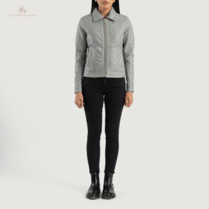 The Maven women’s premium black sheepskin leather jacket with a shirt-style collar, front zipper, snap-button cuffs, and quilted lining