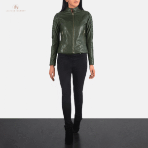 Woman wearing The Sovereign green sheepskin leather biker jacket featuring quilted detailing, a soft band collar, and zippered cuffs.