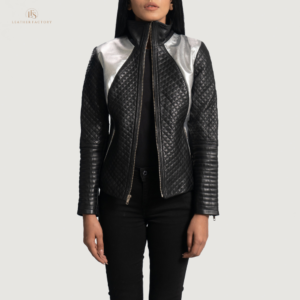 Women’s black and grey leather jacket with a stylish modern design