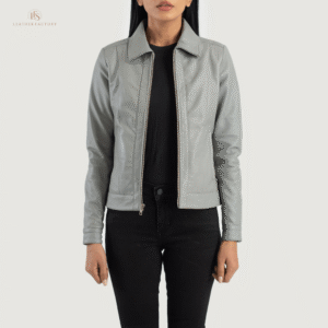 The Maven women’s premium black sheepskin leather jacket with a shirt-style collar, front zipper, snap-button cuffs, and quilted lining