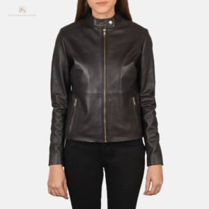 Woman wearing The Valor rich brown sheepskin leather biker jacket featuring a snap-button band collar and zippered cuffs.