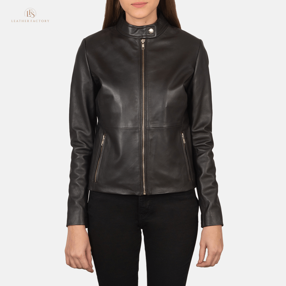 Woman wearing The Valor rich brown sheepskin leather biker jacket featuring a snap-button band collar and zippered cuffs.