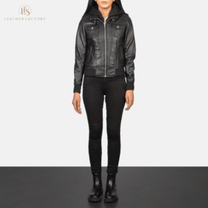 Woman wearing the Roslyn black sheepskin hooded leather bomber jacket featuring a high neck with belt, shoulder epaulettes, and a removable fabric hood.