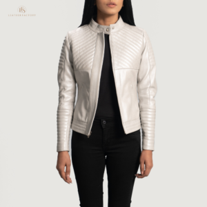 Woman wearing The Silver Quilted off-white sheepskin leather moto jacket featuring a band collar with snap button and zippered cuffs.