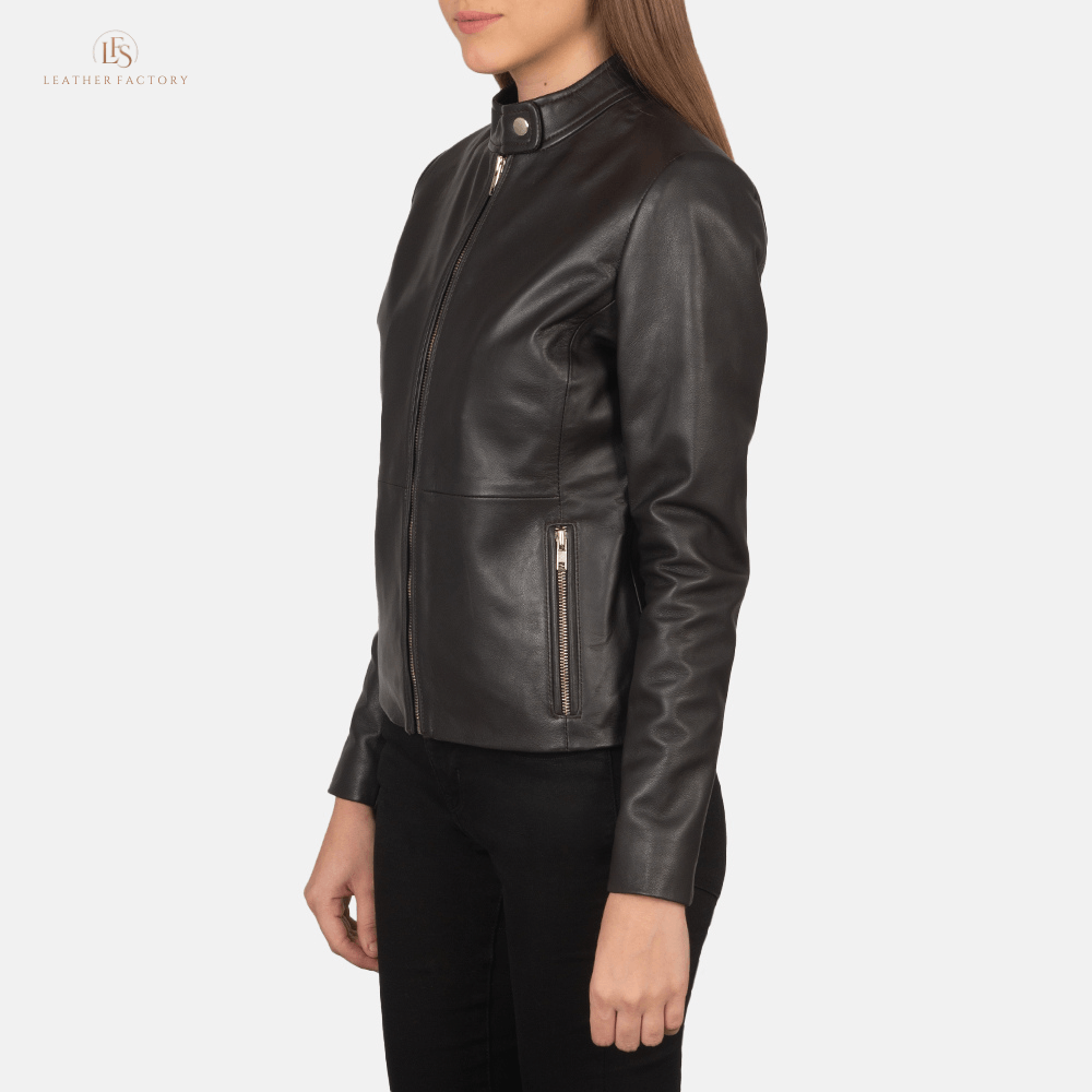 Woman wearing The Valor rich brown sheepskin leather biker jacket featuring a snap-button band collar and zippered cuffs.