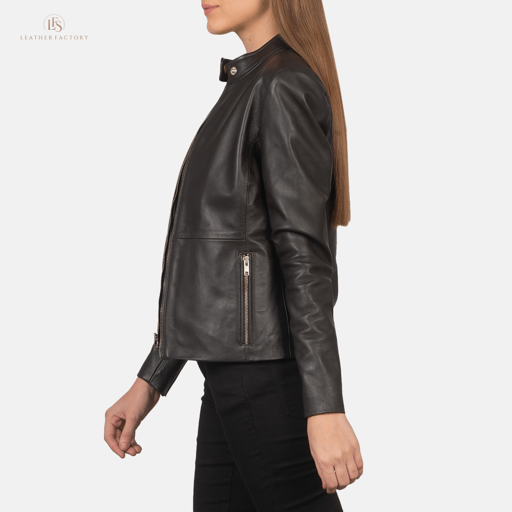Woman wearing The Valor rich brown sheepskin leather biker jacket featuring a snap-button band collar and zippered cuffs.