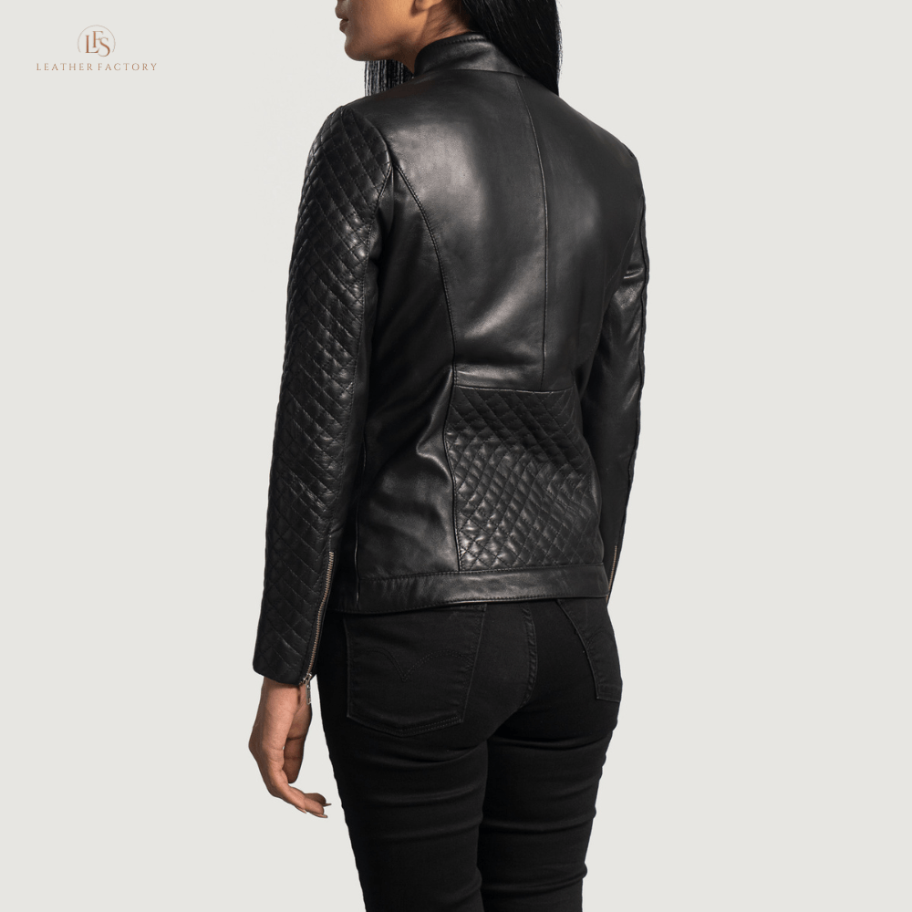 The Orient Womens Elite Black Quilted Leather Moto Jacket - Image 6