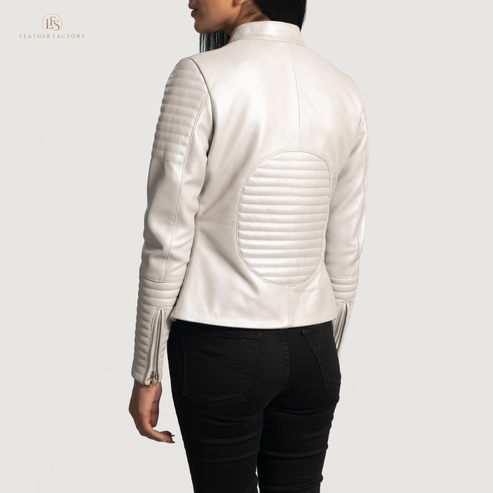 The Silver Quilted Womens Off-White Leather Moto Jacket - Image 6